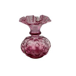 Fenton Vintage Art Glass Cranberry Pink Ruffled Top Melon Shape MCM Vase